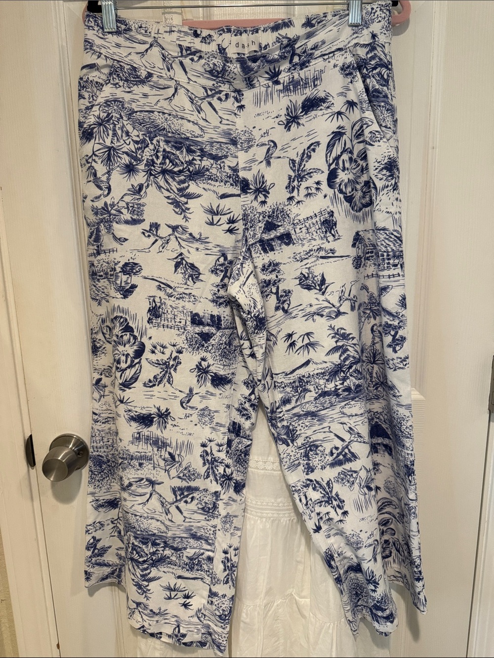 Dash Blue & White Wide Leg Pants with Toile Print